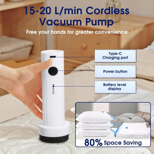 6.0Kpa Cordless Electric Vacuum Pump for Storage Bags, USB Rechargeable Portable Vacuum Sealer for Travel Air Pump Compression Bag Pumps for Clothes Blankets Bedding, Black (No bags)