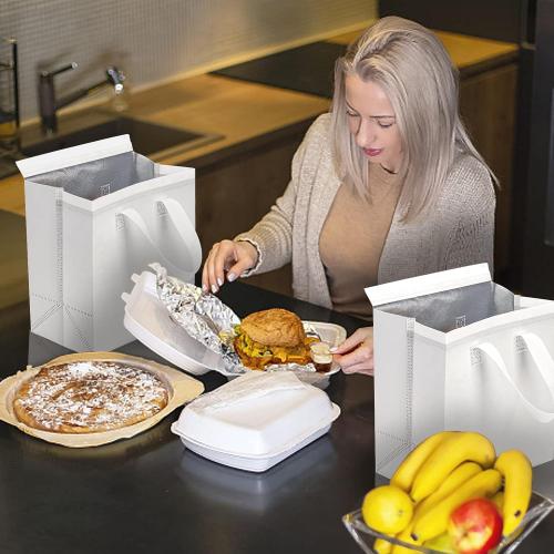 ZENFUN Set of 25 Insulated Take Away Bags, Small Insulated Cooler Bag Grocery Bags, White Thermal Bags for Hot&cold Frozen Food, Food Delivery, 9.5 x 6 x 10 Inches