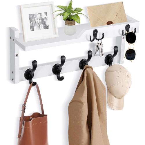 Coat Rack Wall Mount with Shelf, Coat Hanger Wall Mount with Key Hooks and Mail Holder, Wood Entryway Floating Shelf with Hooks and Storage, Hat Rack for Wall Key Holder Mail Organizer