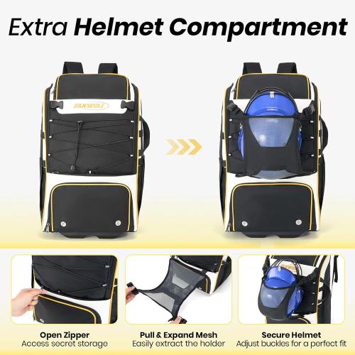 Fanwoli Leather Rolling Baseball Bag - Youth Softball Bag with Wheels for Boys Girls - Rain Cover & Mud Guard for Clean Car - Premium 4-Bat Tournament Roller - Large Equipment Organizer