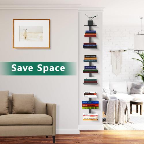 Invisible Floating Bookshelf for Wall Mounted, 2 Pack Black Spine Book Tower, 6 Tier Vertical Book Organizers, Heavy Duty Floating Book Shelves – No Assembly Required, for Office, Bedroom, Kids Room