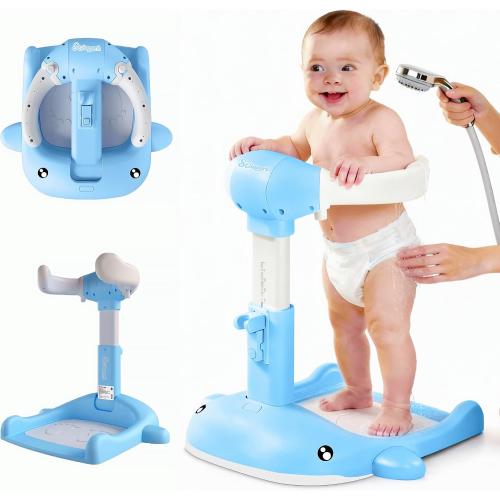 ‼️could have missing items ‼️Foldable Baby Shower Stand, Toddler Shower Stand with Anti-Slip Base & Anti-Pinch Silicone, Baby Shower Standing Support 6-36 Months,Baby Stand Up Shower |Soporte para Bañera de Bebé (Blue Whale)