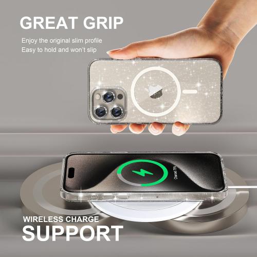 Choiche for iPhone 15 Pro Max Case Magnetic, Women Clear Glitter Bling Sparkly Case, [3xDiamond Camera Lens Protectors] [2xTempered Glass Screen Protectors] [Compatible MagSafe] (Glitter Clear)