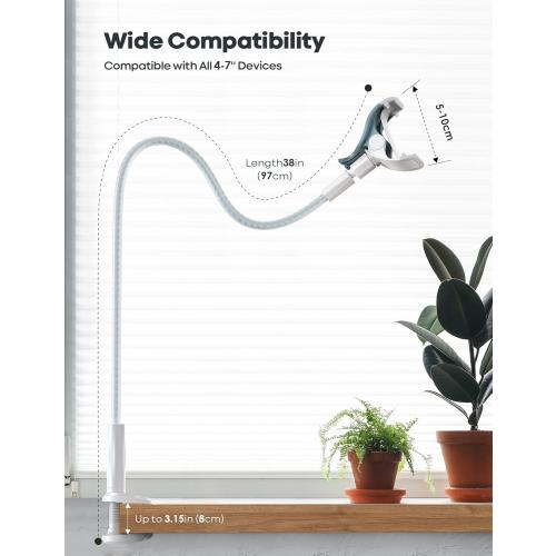 Lamicall Gooseneck Phone Holder Bed - [Nylon Braided] Flexible Arm, Overall Length 38inch, 360 Adjustable Clamp Clip, Overhead Cell Phone Mount Stand for Bed, Blue White