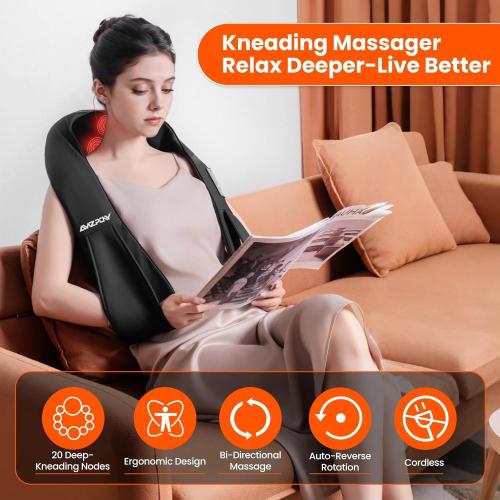 AMZPONY® Cordless Neck Massager for Pain Relief Deep Tissue, Rechargeable Shiatsu Neck and Back Massager with Heat Kneading Shoulder Massage for Body Muscle Pain Relief,Gifts for Dad Mom Friends