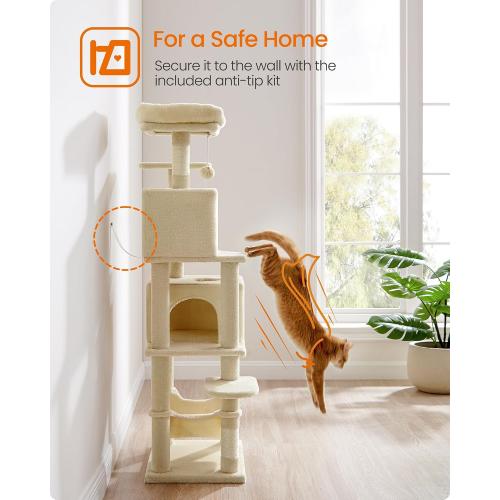 (same brand model different) Feandrea Cat Tree, Cat Tower, Plush Multi-Level Condo with  Scratching Posts, Perches, Caves, Hammock, Pompoms, Beige UPCT192M01