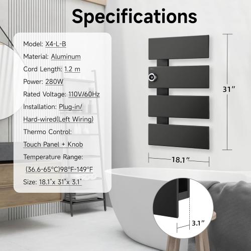 P&Bhusri Electric Heated Towel Rack, Black Towel Warmer with Adjustable Temperature (98–149°F) and Timer (1-24h, On), Fast Heating and Drying for Bathroom, Memory & Remote Control Compatible