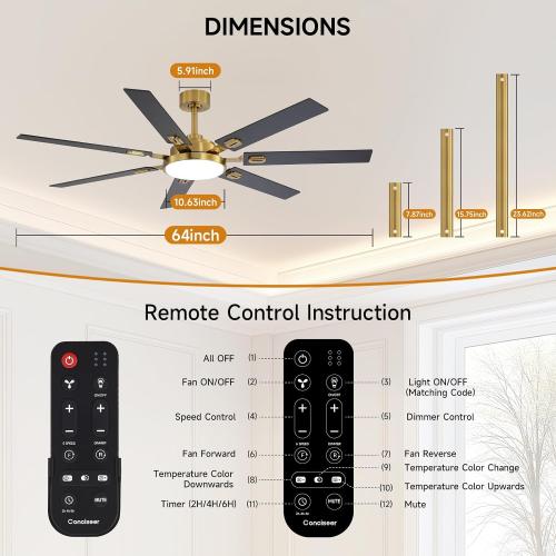 64 Inch Ceiling Fans with Lights and Remote, Bedroom Living Room Office Library Cafe Outdoor Industrial, 5CCT Dimmable, Dual Color 7 Blades, 6 Speed Reversible Quiet DC Motor, Gold/Wood Grain