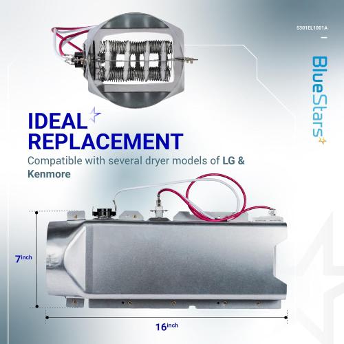 BlueStars 5301EL1001A Dryer Heating Element Assembly – For LG DLE7177W DLE5977W DLE8377NM DLE2516W DLEX3700W DLE5955W DLE0442W DLE4970W DLE5955G DLE9577SM Dryers - Replaces 5301EL1001J 5301EL1001H