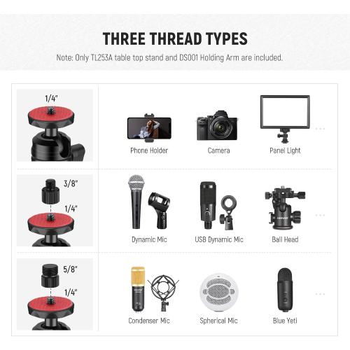 NEEWER TL253A DS001 Table Camera Tripod with 2 Telescopic Arms, Phone Holder, Ball Heads, Screw Adapter, Table Light Stand for Camera, Mobile Phone, Webcam, Ring Light