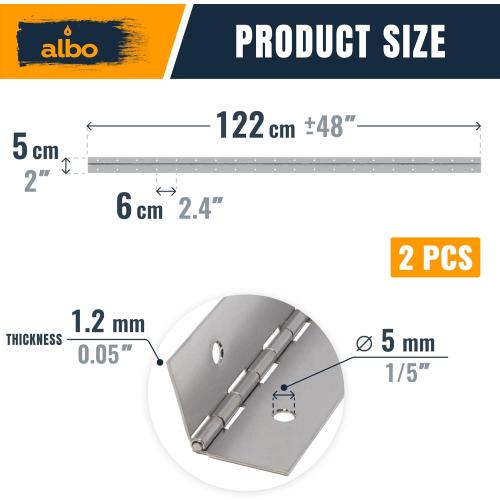 48 Inch Silver Heavy Duty Piano Hinge Continuous Stainless Steel 304 (2-Pack), Surface Mount Cabinet Hinges Silver 48x2 for Industrial Equipment, Commercial Display & Large Access Panel