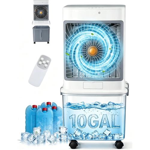 Swamp Cooler, Portable Air Conditioners 10-Gal Evaporative Air Coolers with Detachable Tank, Windowless AC Unit with 3 Speeds, 120° Swing, Cooling Fan That Blow Cold Air for Garage, Patio, Apartment