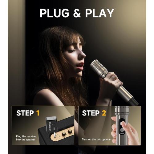 Wireless Microphones, Microphone with One-to-One Chip Connection and Rechargeable Receiver, 40H Duration, 200FT Range Receiving, Less Latency, Metal Construction Microphone for Singing