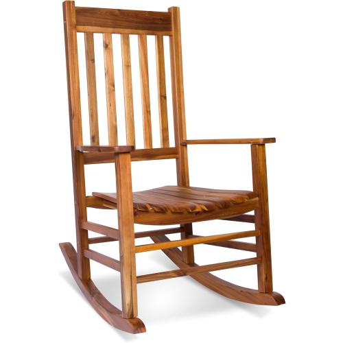 Shine Company Vermont Porch Rocker, High Back Acacia Wood Rocking Chair, Oak (little Damaged; see the picture)