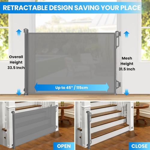 Grey Retractable Safety Baby Gate or Mesh Dog Gate,Durable Portable Mesh Retractable Gate,Easy to Use for Stairs, Doorways, Hallways, Indoor, Outdoor, 33.5 Tall, Up to 45 Wide, Gray