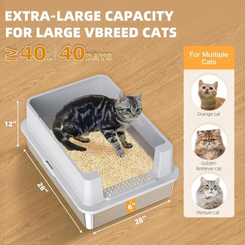 Stainless Steel Litter Box - 28 Extra Large XXXL Cat Litter Box with High Sides, Non-Sticky & Anti-Leakage for Big Cats/Multiple Cats, Includes Heavy Duty Metal Scoop, Grey