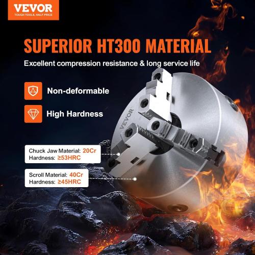 VEVOR 3-Jaw Lathe Chuck, 8'', Self-Centering Lathe Chuck, 0.16-8 in/4-200 mm Clamping Range with T-key Fixing Screws Hexagon Wrench, for Lathe 3D Printer Machining Center Milling Drilling Machine