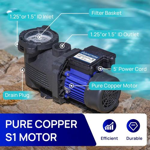 AQUASTRONG 1 HP Above Ground Pool Pump, Single Speed, 1.25&1.5''adapter, 115V, 4945GPH, High Flow, Powerful Self Primming Swimming Pool Pumps with Filter Basket