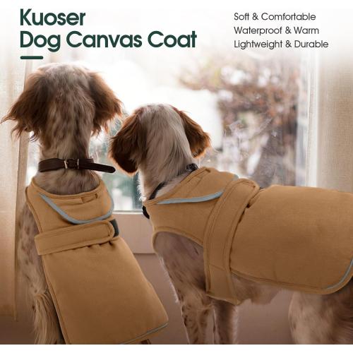 Kuoser Canvas Dog Coat, Warm Dog Jacket Reflective Fleece Pet Cold Weather Coat, Warm Doggie Clothes Waterproof Winter Vest with Zipper Leash Hole for Small Medium Large Dogs, Brown L
