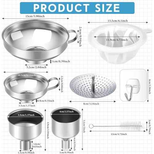 Set of 12 pcs Gejoy 12 Pcs Metal Canning Funnels Set Wide Mouth Mason Jar Funnels for Filling Stainless Steel Kitchen Filter with Strainer Mesh Filter Brushes and Adhesive Hooks, Silver