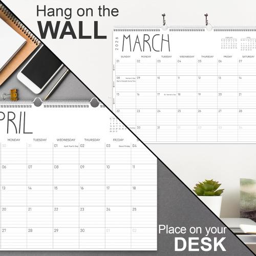Guasslee Large Wall Calendar 2026, 12 Monthly Calendar from 2026 January-December 2026 Jumbo 22x17 Hanging Desk/Wall Planner with Spiral Bound for School Home Office Organizing