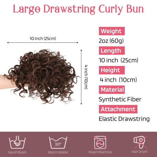 Color Brown HOOJIH Curly Hair Bun, Elastic Drawstring Loose Wave Messy Bun 1PC Large Full Hair Bun Extension Hairpiece Short Synthetic Ponytail Extension for Women - Medium Cool Beige Brown