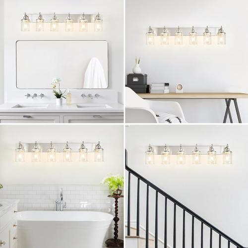 6-Light Brushed Nickel Bathroom Light Fixture Over Mirror Modern Bathroom Vanity Light Vintage Wall Lighting with Clear Glass Shade for Bathroom, Bedroom, Hallway, Cabinet