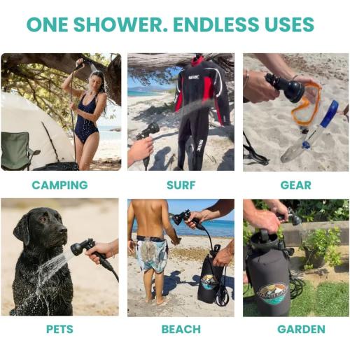 2.1 Gallon Pressurized Portable Camping Shower | 10-Mode Spray Head | Premium Neoprene Insulated Sleeve & Padded Shoulder Strap | Rinse Kit for Surf, Sand, RV, Road Trips & Pets | Black