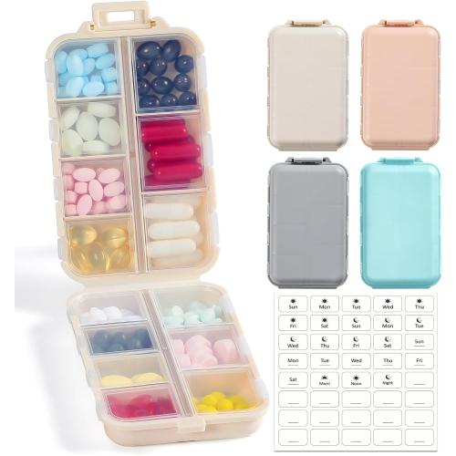 4 Pack, 14 GRIDS Travel Pill Organizer Box with Labels - Travel Medicine Case Kit - Pocket Daily Pharmacy Container - Travel Medication Holder Dispenser for Fish Oil Vitamin Supplement Storage