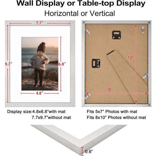 KINLINK 8x10 Picture Frame Silver Set of 4, Wooden Photo Frames Matted 5x7 with Plexiglass for 5x7 with Mat or 8x10 without Mat for Table and Wall Display