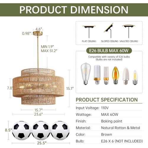 24” Boho Large Rattan Chandelier Light Fixture,6-Light Large Hand Woven Pendant Light Fixture Farmhouse Rustic Chandeliers for Kitchen Bedroom, Dining Room, Living Room, Hallway, Foyer