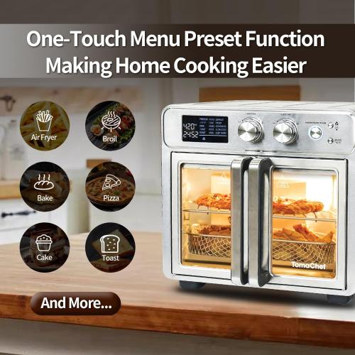 TomaChef 26QT French Door Air Fryer Oven Combo, 15-in-1 | 15 Cooking Functions and Digital Controls, 30 Recipes & 5 Accessories, Stainless Steel Finish