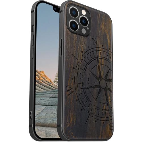Carveit Magnetic Wood Case for iPhone 12 Pro Max Case [Natural Wood & Black Soft TPU] Shockproof Protective Unique & Classy Wooden Cover Compatible with MagSafe (Vintage Compass-Blackwood)
