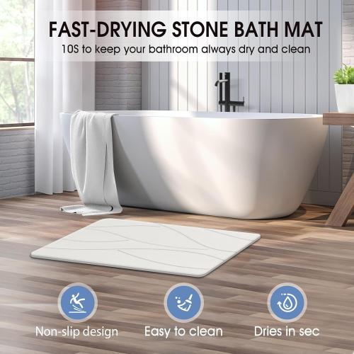 Stone Bath Mat Diatomaceous Earth Shower Mat Non-Slip Super Absorbent Diatomite Stone Bath Mats for Bathroom Floor Quick Drying Natural Easy to Clean(23.6''×15.4 White)