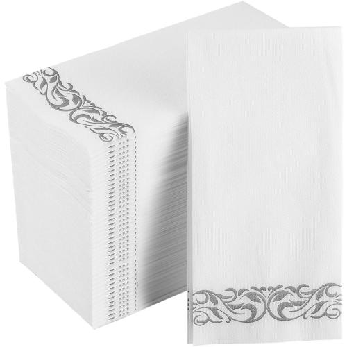 FOCUSLINE 200 Linen Feel Disposable Bathroom Napkins, Soft and Absorbent Paper Guest Towels, Cloth-Like Paper Hand Towels Decorative Napkins for Parties, Weddings, Dinners or Events, Silver, 12 x 17