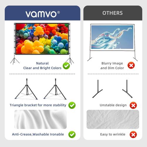 Projector Screen Outdoor, Vamvo Projector Screen with Stand Portable 120 Foldable ProjectorScreen, 10 Feet Indoor Movie-Screen with Carrying Bag for Home Theater Backyard Movie Night