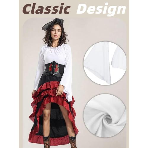 Size/L Verceco Pirate Costume Women Outfit with Renaissance Pirate Shirt Skirt Corset Waist Belt Womens Halloween Pirate Costumes (White Red, L)