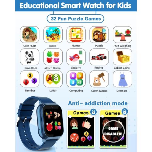 Waterproof Smart Watch for Kids with 32 Games Dual Camera, Habit Tracking, Alarm, Pedometer, HD Touchscreen with Protector, Kids Watch Toys for Boy Age 5-12 Christmas Birthday Gift Boys Girls(Blue)