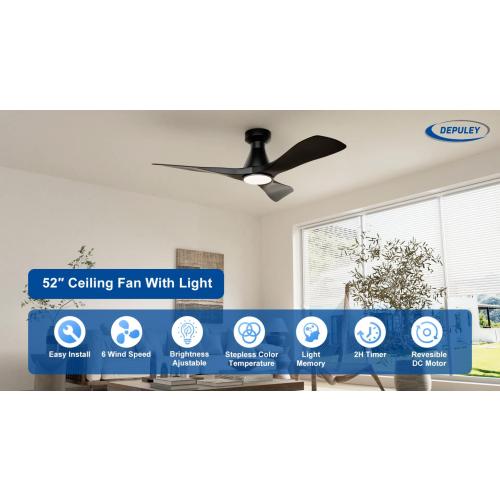 Depuley 42-Inch Ceiling Fans with Lights: Black 3 Blade Flush Mount Low Profile Ceiling Fan for Bedroom - Dimmable Indoor Outdoor Fan with Remote Control Ultra Quiet DC Motor Timer
