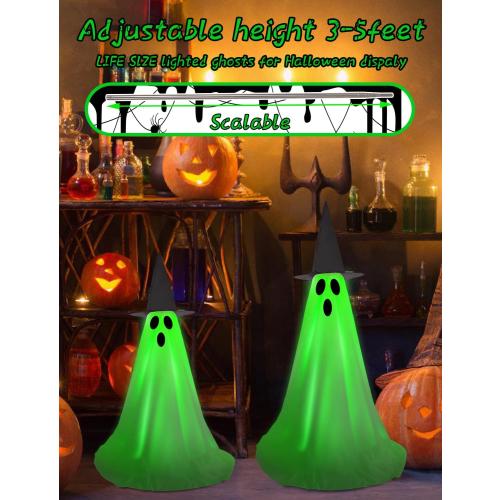 Halloween Light Up Ghost Kit - 2 Pack DIY Halloween Decorations Spooky Ghost Decor with 20 LED Lights Battery Operated,Adjustable Height,Hat,for Outdoor Indoor Porches Yards Gardens Lawn (Green)