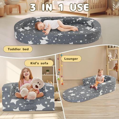 Color Grey and stars Travel Toddler Bed, 3-in-1 Portable Foldable Toddler Chair,Soft Foam Floor Bed Lounger with Washable Cover,Star