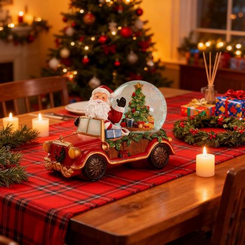 Christmas Red Pickup Train Snow Water Lantern Santa Claus with Christmas Tree, Battery Operated Lighted Spinning Lantern for Christmas Festival Decoration Gifts