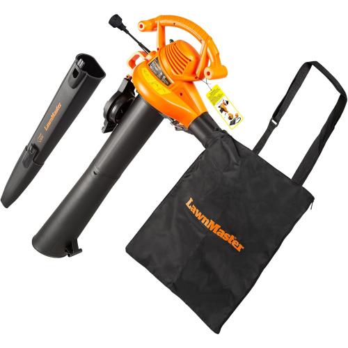 LawnMaster BV1210 Electric Blower Vacuum Mulcher 12 Amp 2-Speed Adjustment with Metal Impeller 240 MPH 380 CFM 16:1 Mulch Ratio with Collection Bag