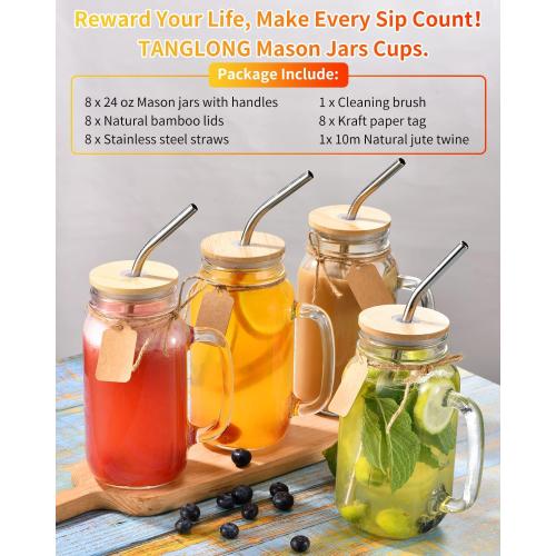 TANGLONG Mason Jar with Lid and Straw 24 oz Mason Jar Cups Set of 8 Glass Cups with Lids and Straws Mason Jars with Handle Drinking Glasses