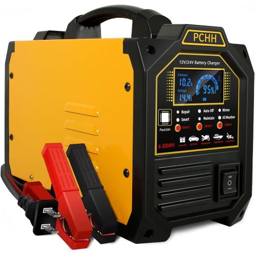 Yellow 12V 24V Car Battery Charger Heavy Duty, 0-15A Automatic Battery Maintainer, Smart Trickle Charger with Auto Shutoffs, Repair, Winter Mode, for Automotive Car Truck Motorcycle RV AGM Deep Cycle