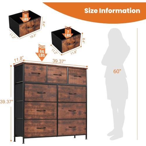 Sweetcrispy Dresser for Bedroom with 9 Storage Drawers, Large Fabric Storage Tower Organizer, Chest of Drawers with Metal Frame Wooden Top for Closet, Living Room, Entryway, Brown