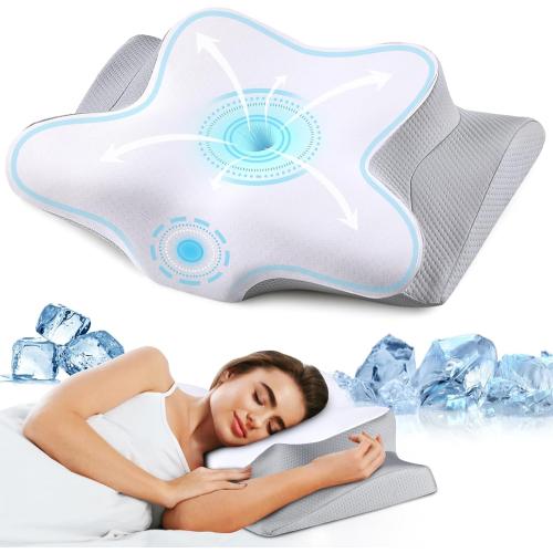 White and Grey Neck Pillow Cervical Memory Foam Pillows, Cooling Contour Pillow for Neck Pain Relief, Ergonomic Orthopedic Bed Pillow for Side Back Stomach Sleepers with Breathable Pillowcase