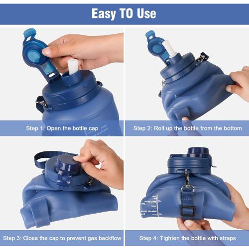 Collapsible Water Bottles, 2L/64OZ travel water bottle Bottle with Straw, Half Gallon Large Water Bottle for Travel Outdoor Sports Runing Fitness Yoga (Upgraded blue)