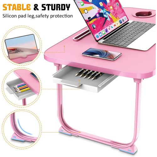 Fayquaze Portable Foldable Laptop Bed Table with Storage Drawer and Cup Holder, Laptop Desk Stand Tray for Eating, Reading and Working