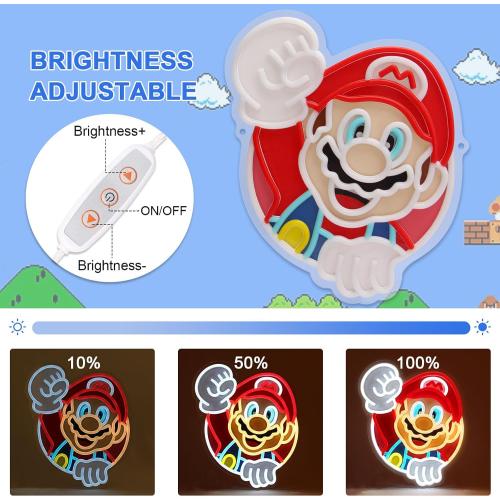 Mario Neon Sign 14in Mario Neon Light USB Powered Led Light Sign with Brightness Settings for Game Room Bedroom Fans Club Wall Art Decor Kids